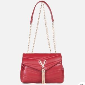 Mario Valentino Cherry Red Gold Tone Privilege Flap Chain Strap Purse